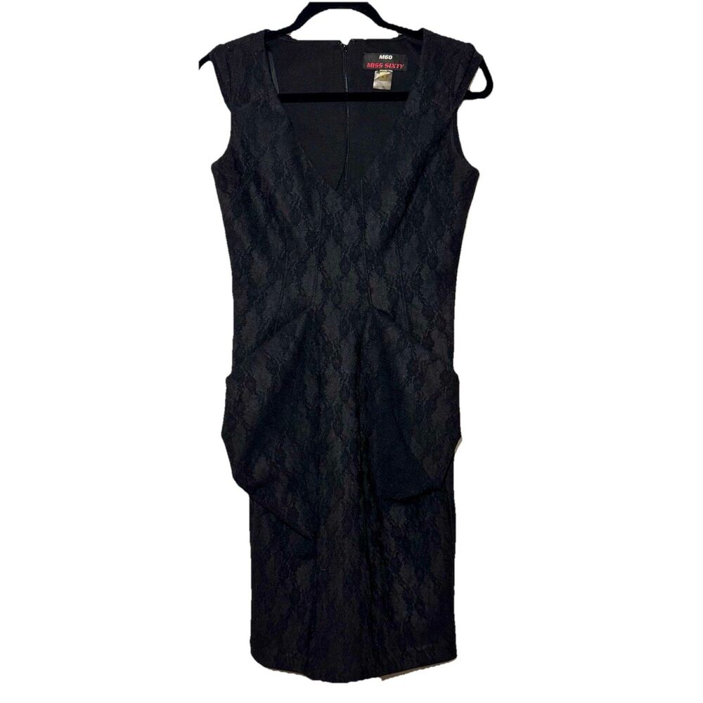 M60 MISS SIXTY Lace Black Short Dress Cap Sleeve Stretch Pockets V Neck Size 4